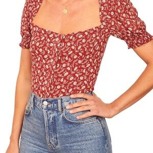 Reformation Burgundy Floral Puff Sleeve Blouse